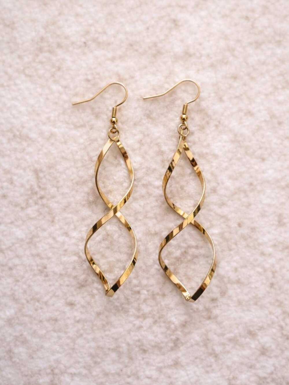 Gold Twisted Dangle Earrings | Hammered Metal Fishhook Drops | Lightweight - Picture 2 of 3